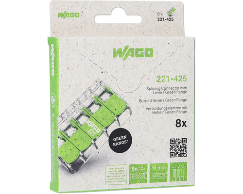 Kopplingsklämma WAGO 221 5x0,2-4mm² 8-pack Wago 221-425 kopplingsklämma med spak Green Range, 8 stycken