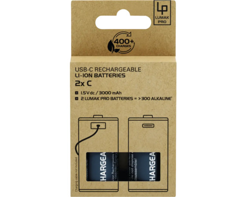 Lumak Pro USB-C uppladdningsbara Li-ion batterier, 2-pack C