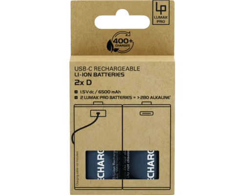 Förpackning med två USB-C-uppladdningsbara litiumjonbatterier D av märket Lumak Pro