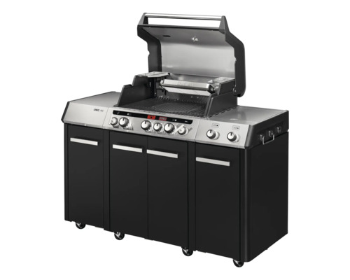 Utekök med öppet lock, kontrollpanel med vridknappar och underskåp med dörrar och hjul