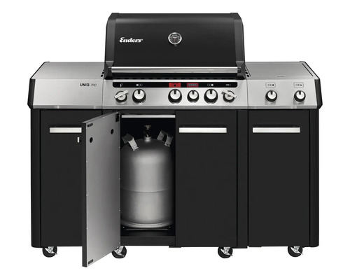 Gasolgrill med öppen dörr och gasoltub