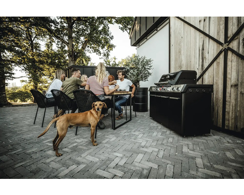 Utomhusscen med en grupp människor vid ett bord, en grill och en hund