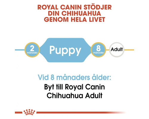 Royal Canin stödjer din chihuahua under hela livet. Valpfoder upp till åtta månaders ålder, därefter foder för vuxna hundar.
