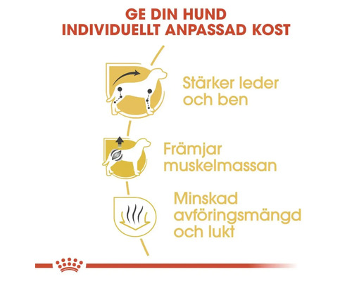 Fördelar med Royal Canin hundfoder: Stärker leder och ben, främjar muskelmassan, minskar avföringsmängd och lukt.