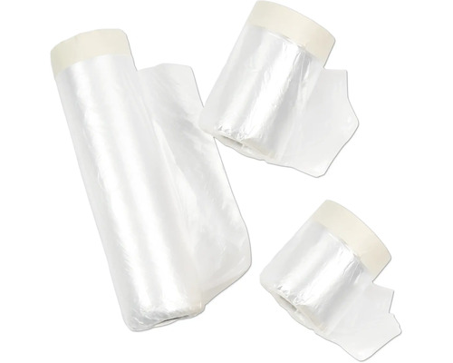 Tre rullar täckfilm med tejp för målningsarbeten