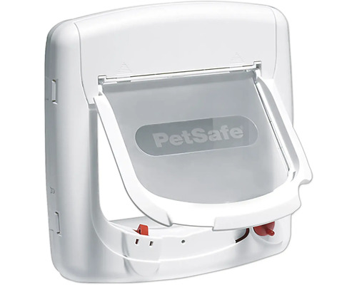 PetSafe-logotyp på en vit husdjurslucka