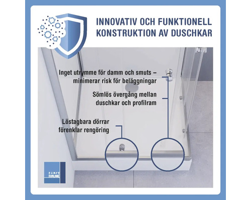 Bild av en duschkabin med information om den innovativa och funktionella konstruktionen