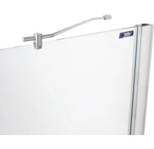 Duschvägg med stabiliseringsstång och tillverkarens logotyp