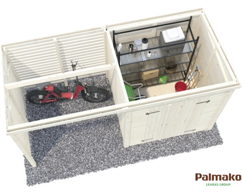 Monteringsbild av ett redskapsbod med cykelförråd av trä