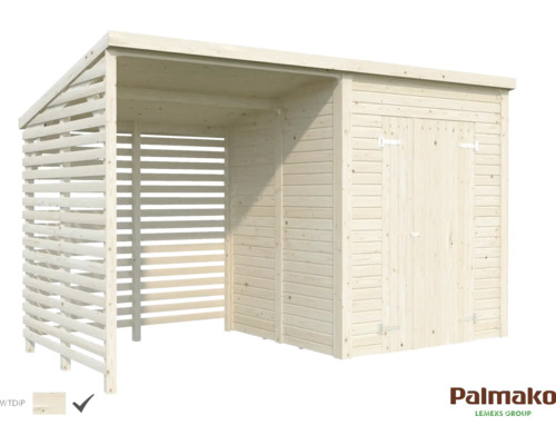 Trädgårdshus i trä med redskapsbod och vedförvaring