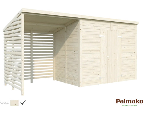 Trädgårdshus i trä med redskapsbod och vedförvaring