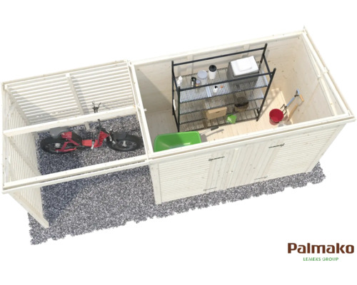 Översikt över ett trädgårdshus i trä med cykelförråd och redskapsbod