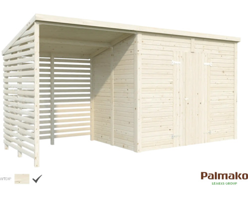 Trädgårdshus i trä med förråd och sidoplats