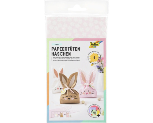 Förpackning med nio papperspåsar för påskpresenter i kanindesign