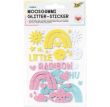 Glitterstickerset av mossgummi med motiv som regnbågar, solar, moln och hjärtan