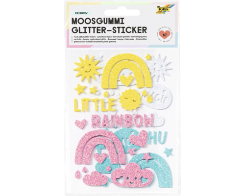 Glitterstickerset av mossgummi med motiv som regnbågar, solar, moln och hjärtan