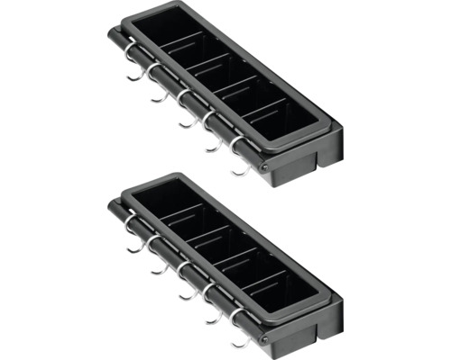 Två svarta köksredskapshållare med krokar för förvaring av köksredskap