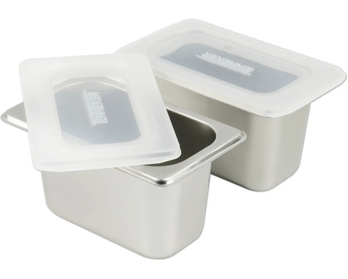 Två behållare i rostfritt stål med matchande lock