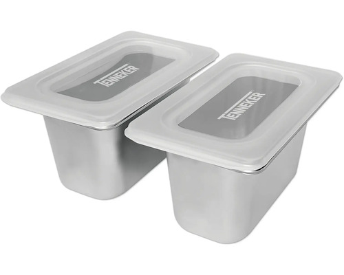Två rostfria stålbehållare med lock