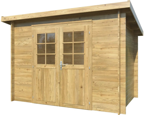 Trädgårdshus i trä med dubbeldörr och fönster