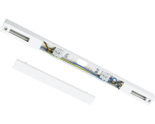 Infälld spotlight för strömskena med öppet hölje och synlig kabeldragning