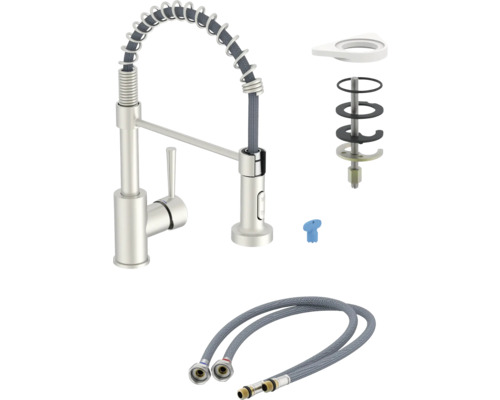 Köksblandare med spiralfjäder, duschslang och monteringstillbehör