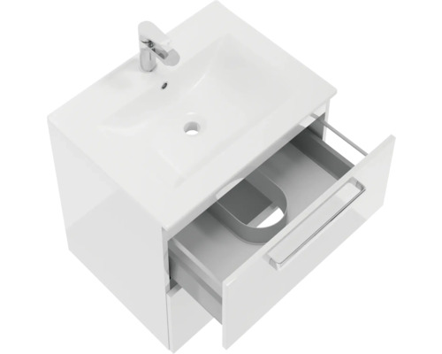 Tvättställsskåp med öppen låda och tvättställ