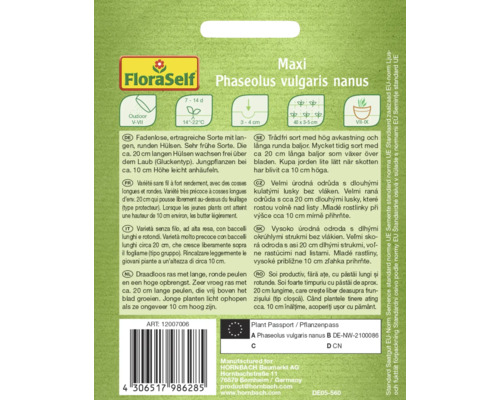 Fröförpackning för Phaseolus vulgaris nanus, en tidig sort med långa, runda baljor för utomhusodling.