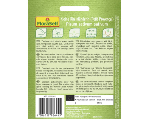 FloraSelf Fröer Kleine Rheinländerin, Pisum sativum sativum