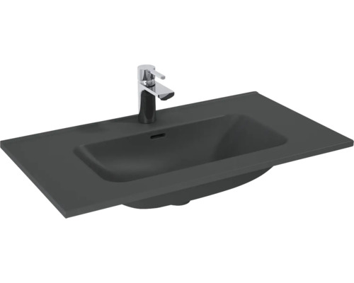Tvättställ JUNGBORN antracit matt med bräddavlopp och blandarhål 81x1,8x46 cm Rektangulärt tvättställ av gjuten mineral med kran