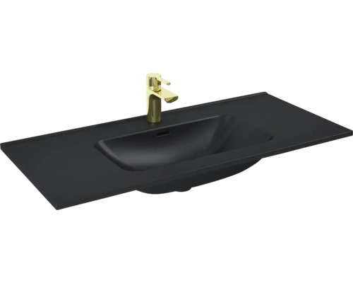 Tvättställ JUNGBORN mattsvart med bräddavlopp och blandarhål 101x1,8x46 cm Svart tvättställ med guldfärgad kran