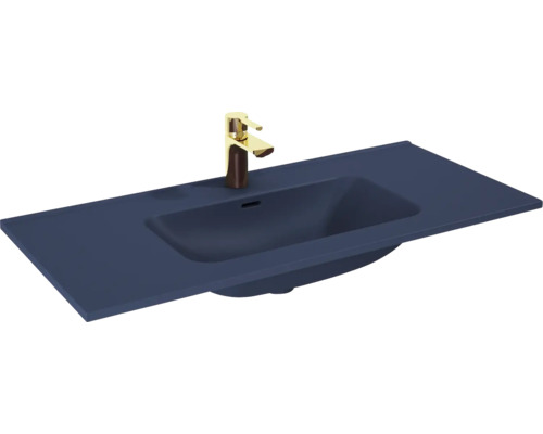 Tvättställ JUNGBORN navy blå matt med bräddavlopp och blandarhål 101x1,8x46 cm Mörkblå tvättställ med gyllene kran för badrummet