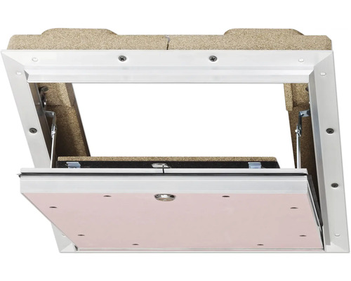 Inspektionslucka RUG SEMIN AluProtect® Safe EI30 600x800mm 2x12,5mm låsbar Öppen vindstrappa med vit ram