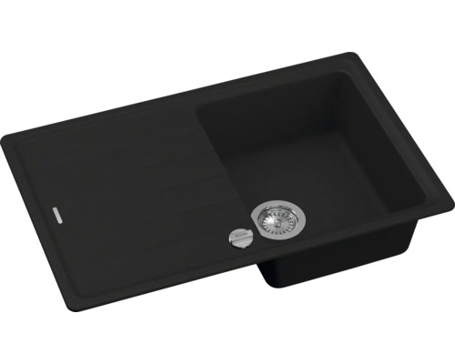 Svart diskho med avrinningsyta och avlopp