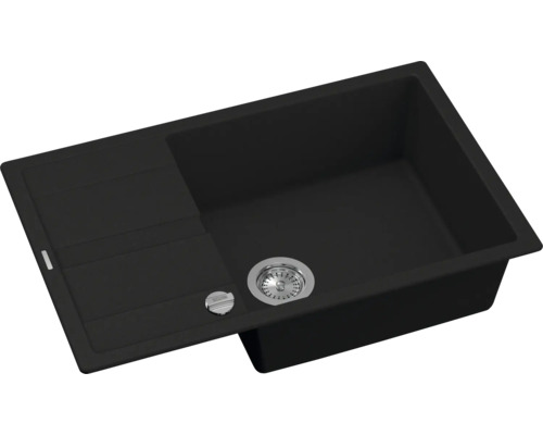 Svart diskho med avrinningsyta och silventil