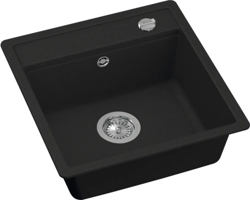 Svart diskho med avloppsbeslag