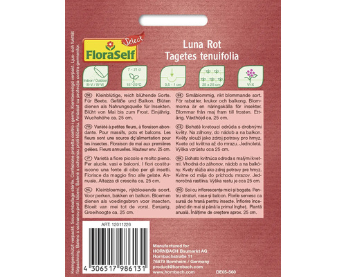 Fröförpackning Tagetes tenuifolia Luna Rot med information om odling och egenskaper