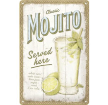 Metallskylt med Mojito-motiv, receptinformation och texten Serveras här