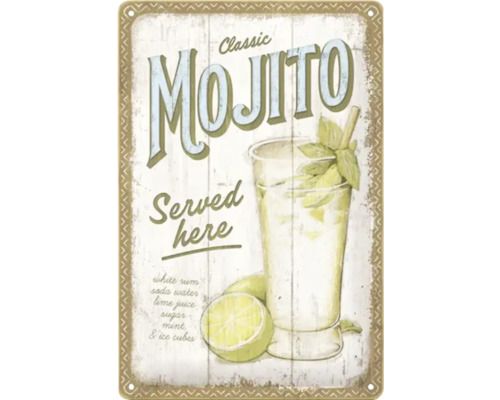 Metallskylt med Mojito-motiv, receptinformation och texten Serveras här