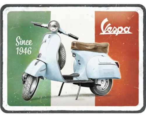 Dekorativ plåtskylt med Vespa-scooter och italienska flaggan som bakgrund