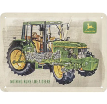 Dekorativ metallskylt med traktormotiv och John Deere-logotyp