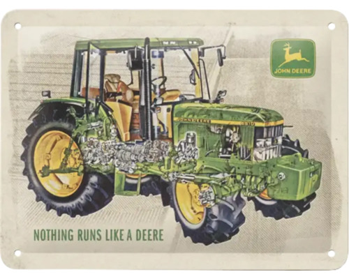 Dekorativ metallskylt med traktormotiv och John Deere-logotyp
