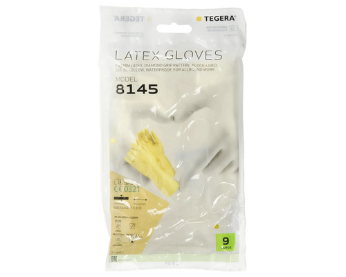 Förpackning gula latexhandskar Tegera storlek 9