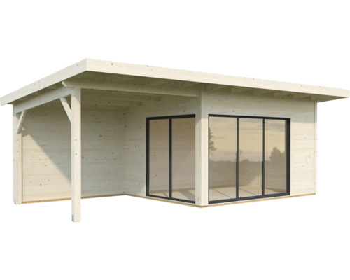 Trädgårdshus i trä med täckt veranda och skjutdörrar i glas