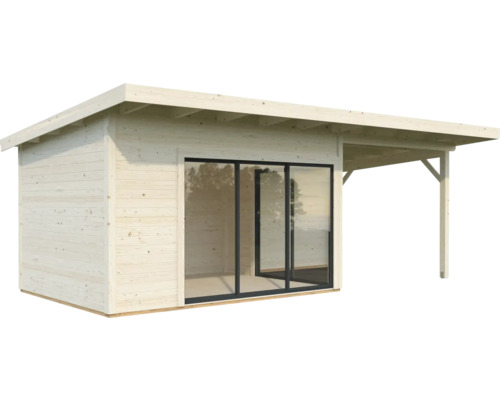 Trädgårdshus i trä med skjutdörrar och tak