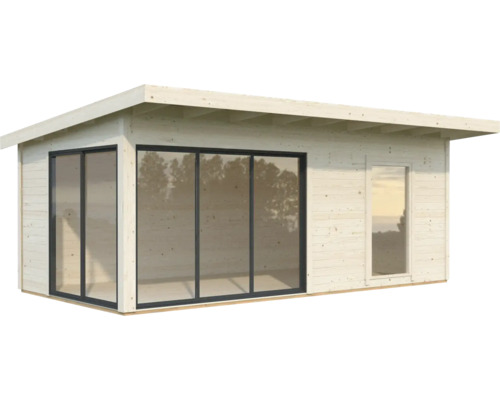 Modernt trädgårdshus i trä med stora fönster för ett ljust rum