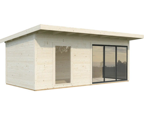 Trädgårdshus i trä med fönster och skjutdörrar