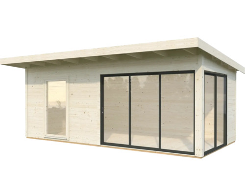 Trädgårdshus i trä med fönster och skjutdörrar