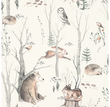 Tapet med skogsdjursmönster, inklusive björn, hare, uggla och igelkott