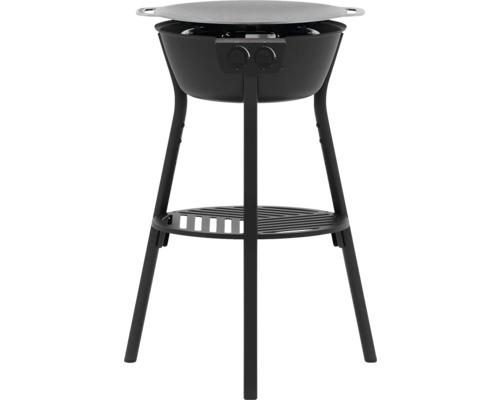 Svart gasolgrill med stativ och rund grillplatta